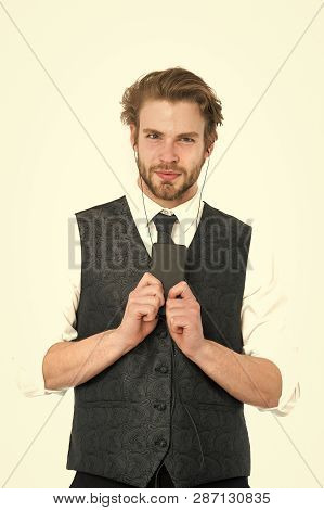 Man With Mp3 Player Isolated On White Background. Music And Relax. Businessman In Headset With Cell 