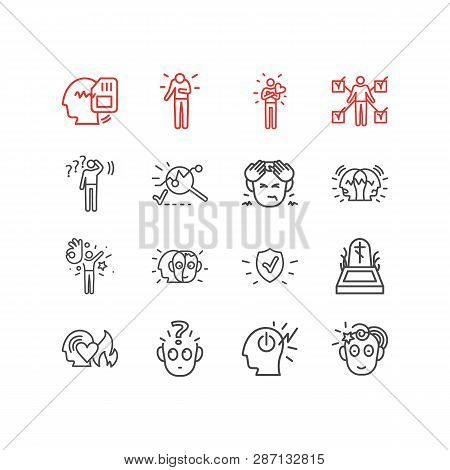 Illustration Of 16 Emoticon Icons Line Style. Editable Set Of Optimistic, Creativity, Problem And Ot