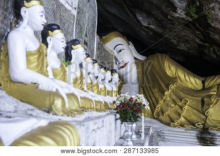 Hpa-an, Myanmar - 19 November, 2018: Horizontal Picture Of Many Buddha Statues Inside Yathaypyan Cav