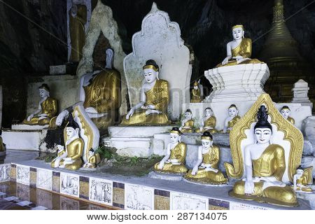 Hpa-an, Myanmar - 19 November, 2018: Horizontal Picture Of The Interior Of Yathaypyan Cave, Located 