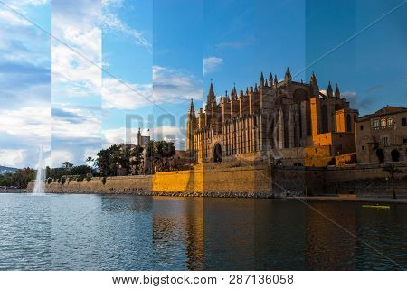 Sunset Timeslice - Night Fall On La Seu, The Cathedral Of Palma De Mallorca, And Royal Palace Of La 