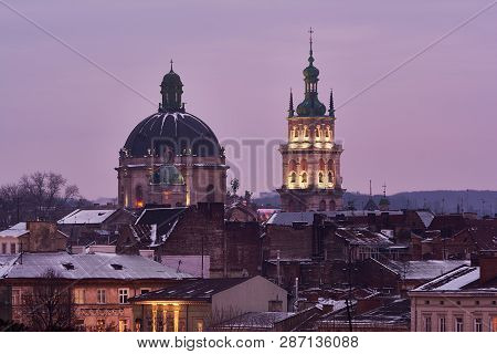 Evening Lviv. View Of The Central Part Of The City And Churches:  Church Of The Holy Communion, Korn