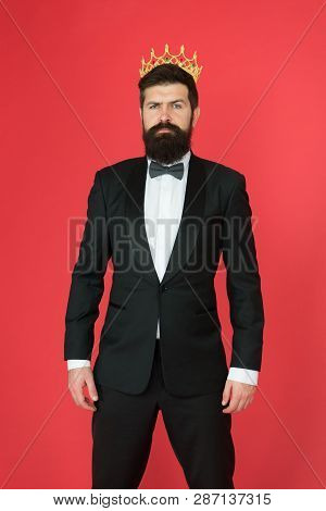 Feeling Superior. Man Bearded Guy In Tuxedo Golden Crown Symbol Of Monarchy. King Ceremony. King Att