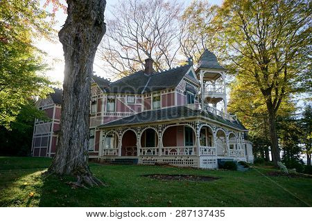 Bay View, Michigan / United States - October 17, 2017: An Elegant Victorian Summer Cottage, With A W