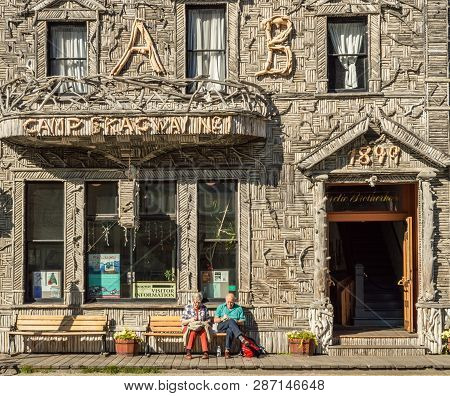 September 15, 2018 - Skagway, Ak: Facade Of Historic Arctic Brotherhood Hall.