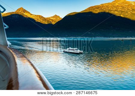 September 15, 2018 - Skagway, Ak: Fjordlands Express Local Ferry Arriving At Daybreak, Viewed From C