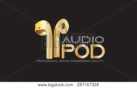 Gold Wireless Ear Pod Bud Heaphone Dj Recording Studio Logo Emblem, Black Background
