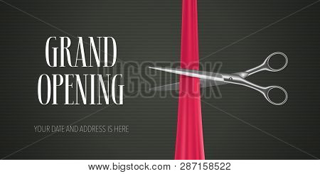 Grand Opening Vector Banner, Illustration. Nonstandard Design Element With Scissors For Red Ribbon C