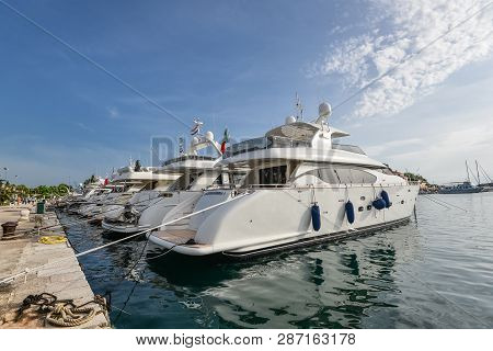 Rovinj, Croatia - May 22, 2018: Pier And Yachts In Coastal Town Of Rovinj, Istria, Croatia. Rovinj -
