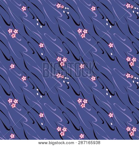 Sakura Flowers And Patel Flowing In River Water. Japanese Style Pattern. Floral Background For Texti