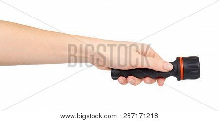 Hand With Black Led Flashlight, Compact Lighting For Travel.