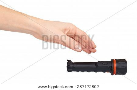 Hand With Black Led Flashlight, Compact Lighting For Travel.