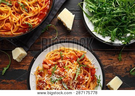 Spaghetti Alla Amatriciana With Pancetta Bacon, Tomatoes And Pecorino Cheese