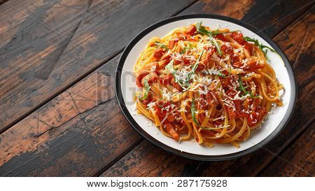 Spaghetti Alla Amatriciana With Pancetta Bacon, Tomatoes And Pecorino Cheese