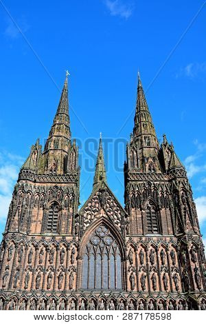 Front View Of Lichfield Cathedral, Lichfield, Staffordshire, England, Uk.