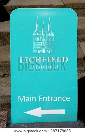 Lichfield Cathedral Main Entrance Sign, Lichfield, Staffordshire, England, Uk.
