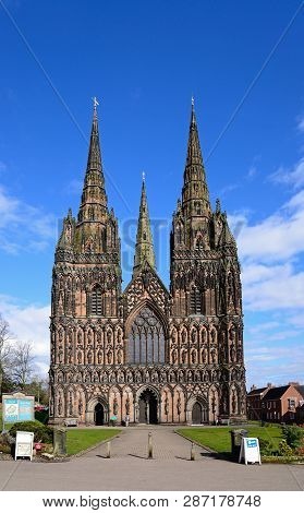 Lichfield, Uk - March 13, 2018 - Front View Of Lichfield Cathedral, Lichfield, Staffordshire, Englan