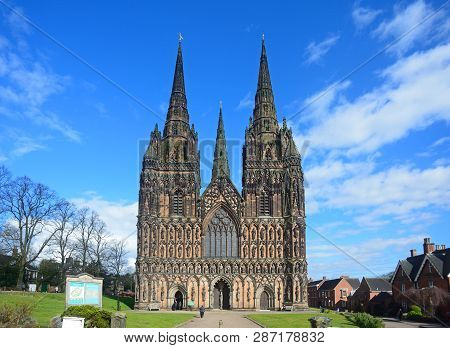 Lichfield, Uk - March 13, 2018 - Front View Of Lichfield Cathedral, Lichfield, Staffordshire, Englan