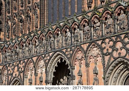 View Of Some Of The Statues On The Front Of Lichfield Cathedral, Lichfield, Staffordshire, England, 