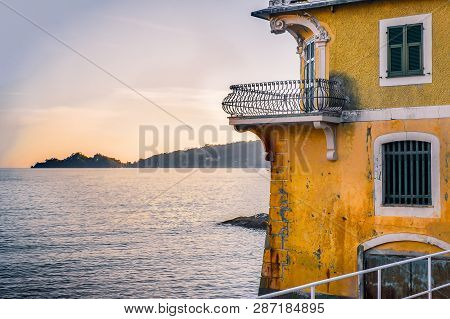 Small Terrace Overlooking The Sea At Sunset In The Luxurious Ancient Villa On The Gulf Of Tigullio N