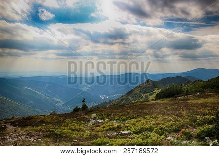 The View From Mountain Krakonos And Kozi Hrbety To The Valley.