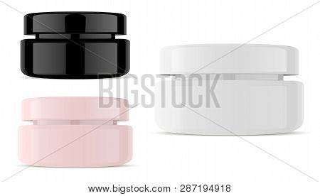 Glass Cream Cosmetic Jar. Isolated Glossy Plastic Container Pack In Black White And Rose. Clean Medi