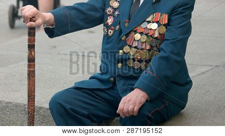 09.05.2018 - Kyiv, Ukraine. World War Ii Veteran With Medals And Orders. Old Man Verteran Sitting Wi
