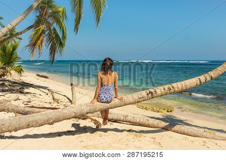 Woman Sitting On Palm Tree On The Beach. Healthy People Lifestyle. Woman Relaxing On The Beach. .vac