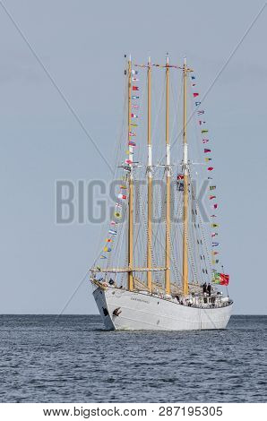 Swinoujscie, West Pomeranian / Poland - 2017: The Portuguese Schooner Santa Maria Manuela Runs Along