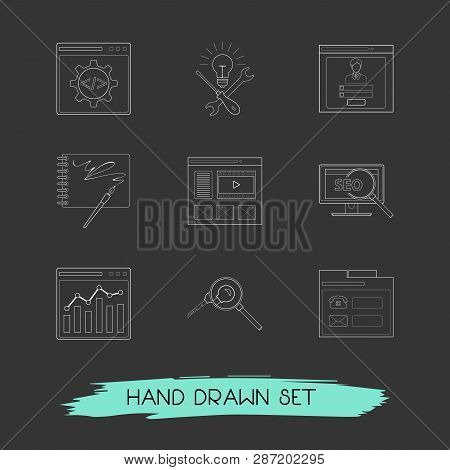 Set Of Web Design Icons Line Style Symbols With Creative Services, Adwords Campaign, Sketchbook And 