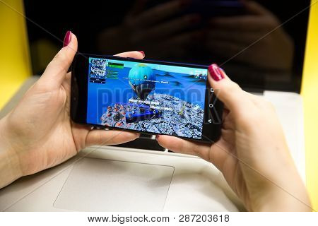 Tula, Russia - January 27, 2019 - Fortnite Video Game Screen With Character And Console Controller. 