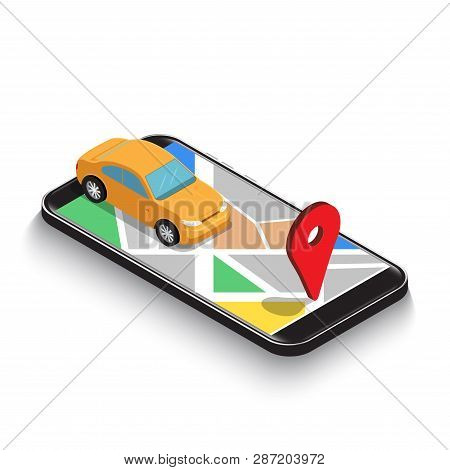 Flat 3d Isometric Car Use Gps Map Navigation Application On Smartphone. Mobile Gps Map Navigation Te