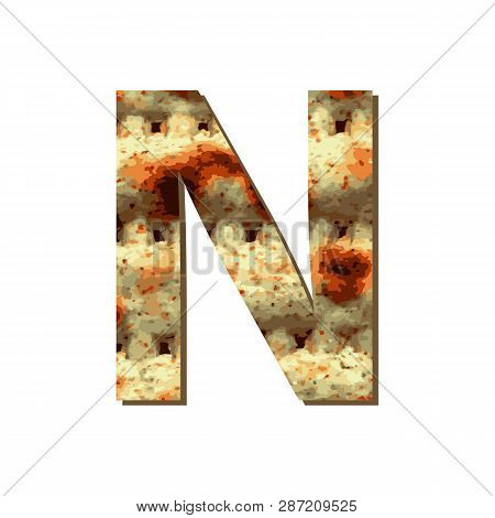 Capital English Letter N With Matza Texture. Font For Passover. Vector Illustration On Isolated Back