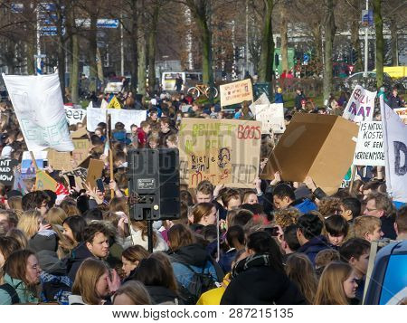 Malieveld, The Hague, The Netherlands - February 7 2019: School Children And Youth At Climate Change