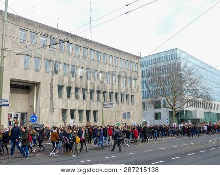 The Hague, The Netherlands - February 7 2019: Students At Anti Climate Change Protest In The Hague W