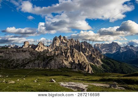 Dolomites Mountain Landscape View From Tre Cimes Lavaredo Loop Trail, South Troy, Italy