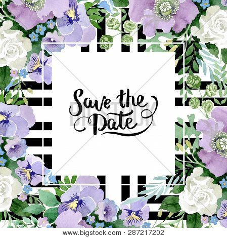 Violet Bouquet Floral Botanical Flowers. Watercolor Background Illustration Set. Frame Border Orname