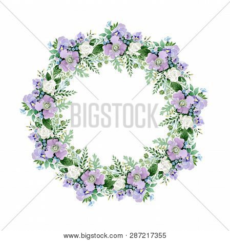 Violet Bouquet Floral Botanical Flowers. Watercolor Background Illustration Set. Frame Border Orname