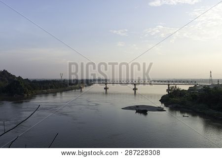 Wide Angle Picture Of An Idyllic Moment At The Sunset In Hpa-an. From The Top, The Beautiful Thanlwi