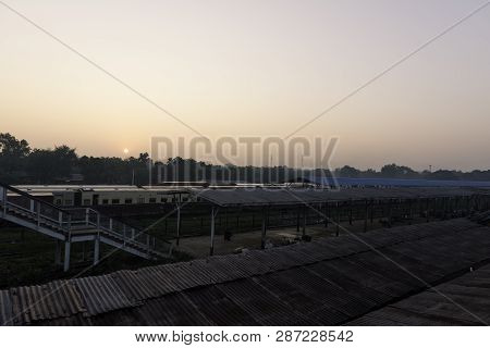 Thazi, Myanmar - 23 November, 2018: Horizontal Picture Of Beautiful Sunrise At Thazi Train Station, 