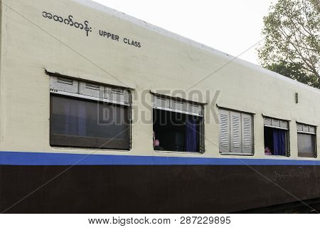 Thazi, Myanmar - 23 November, 2018: Horizontal Picture Of Burmese Local Train At Thazi Train Station