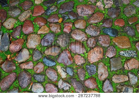 Wet Gravel On The Ground. Wet Road Of Stones. Natural Background.  Natural Paving On Road. View From