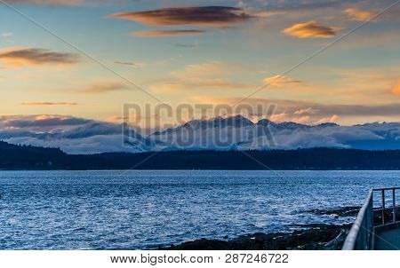 Clouds Cover Mush Of The Olympic Mountains In Washington State.