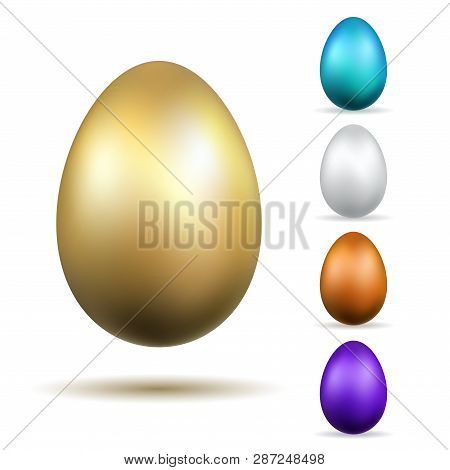 Easter Egg 3d Icons. Gold, Color Eggs Set Isolated White Background. Golden Design, Decoration Happy