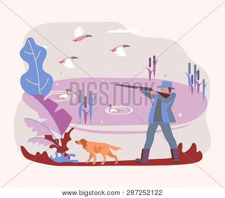 Hunter With A Hunting Dog Shoots A Wild Ducks. Flat Art Vector Illustration