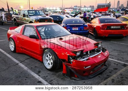 Dubai, Uae - November 15, 2018: Red Tuned Sportscar Toyota Supra Takes Part In The Annual Gulf Car F