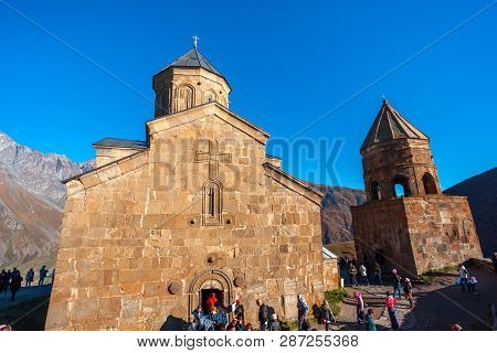 Gergeti, Gerogia - 06.10.2018: Gergeti Trinity Church In The Mountains Of The Caucasus, Geogria