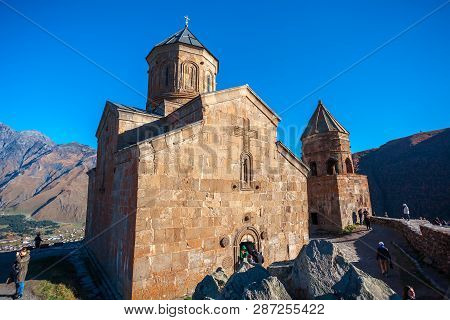 Gergeti, Gerogia - 06.10.2018: Gergeti Trinity Church In The Mountains Of The Caucasus