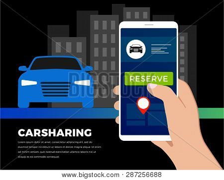 Car Sharing Service Flat Concept Illustration. Carsharing Ride Service App - Search For Carpool Auto