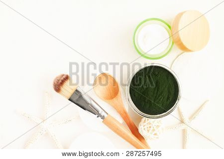 Top View Jar With Green Powder Of Spirulina Algae, Jar Of Refreshing Skin Care Moisturizer, Making F
